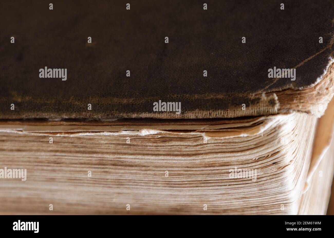 closeup of the corner of an old book with frayed edges of the cover