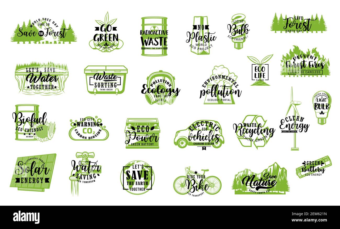 Ecology and environment vector icons with lettering. Recycle and green ...