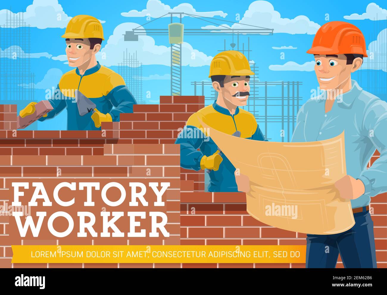 Bricklayer worker and architect at construction site. Building construction industry vector poster. Cartoon builder laying a bricks on cement, archite Stock Vector
