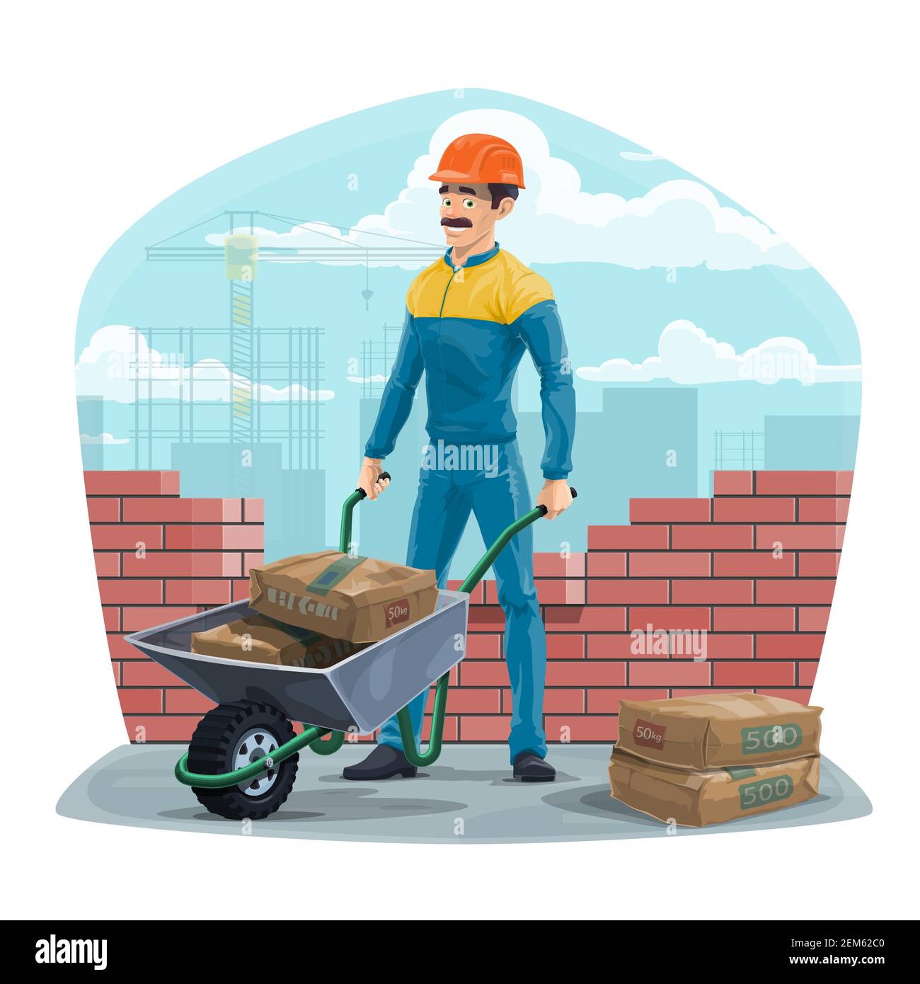 Builder worker with wheelbarrow at construction site. Cartoon vector bricklayer at a building construction. Masonry bricklayer in uniform and hardhat Stock Vector