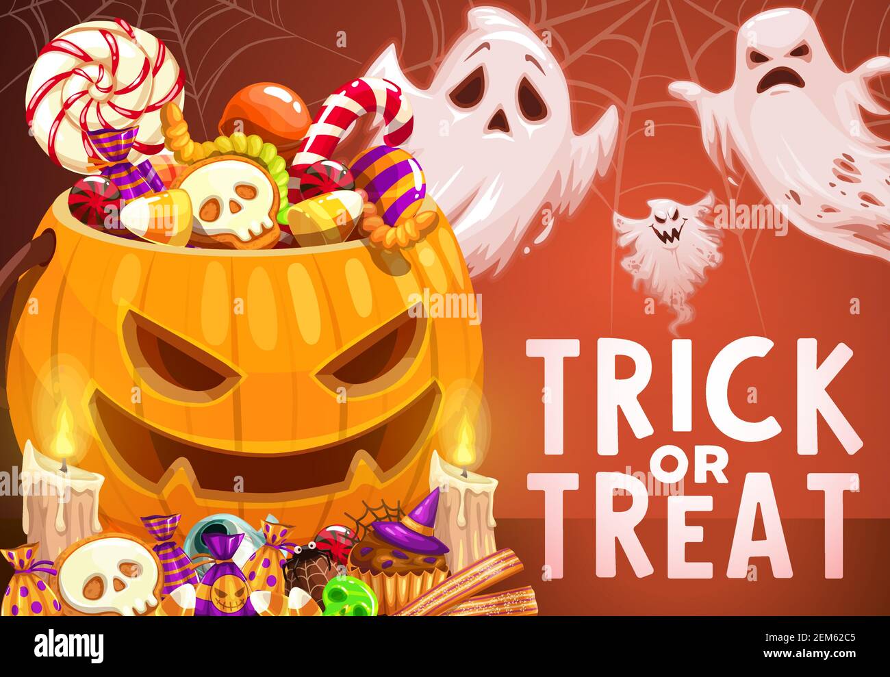 Halloween ghosts and pumpkin with trick or treat candies vector party ...
