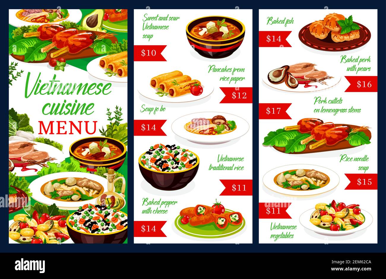 Vietnamese cuisine restaurant menu with meat and fish dishes. Vector ...