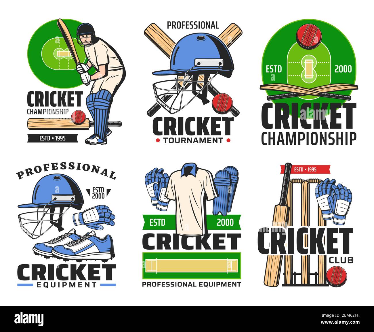 Cricket sport club icons with vector balls, bats and player, wickets and batman on play field with helmets, uniform gloves and leg pads. Cricket game Stock Vector