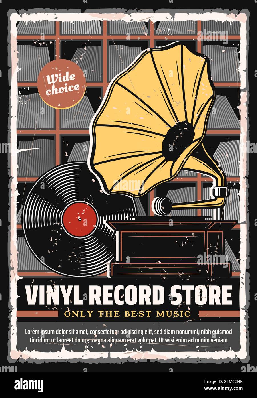 Vinyl records shop vector retro poster. Wide choice of vintage vinyl records and players music store, gramophone phonograph and musical disks on shelv Stock Vector