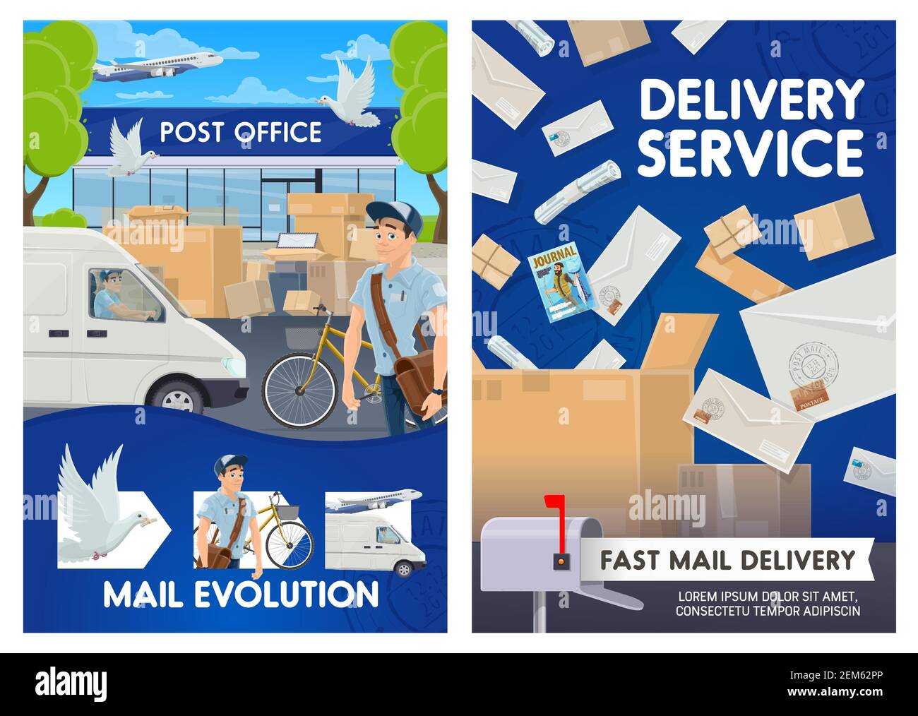 Mail delivery and post office service. Vector postman with mailbox and