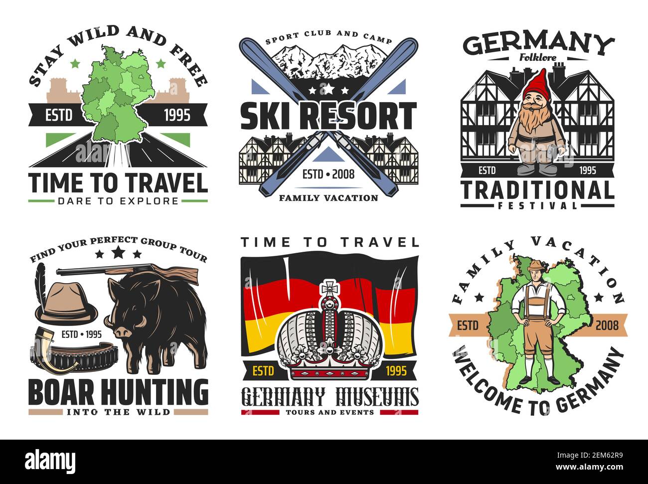 Germany vector icons of German travel and tourism traditional symbols. Flag, map and Bavarian buildings, hunter hat, hunting gun and boar, Alpine moun Stock Vector