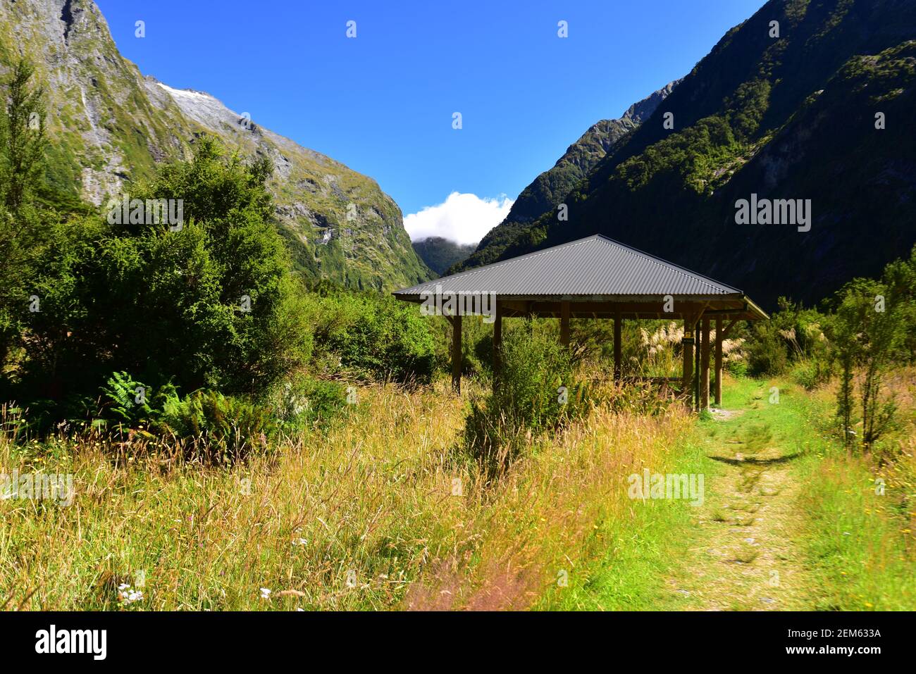 Prairie shelter at Milford track from Clinton hut to Mintaro hut, New Zealand Stock Photo