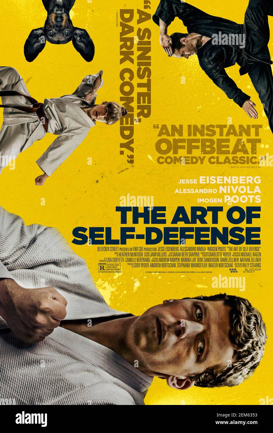 The Art of Self-Defense (2019) directed by Riley Stearns and starring Jesse Eisenberg, Alessandro Nivola and Imogen Poots. After being attacked by a motorcycle gang  Casey joins the local dojo to learn how to defend himself. Stock Photo
