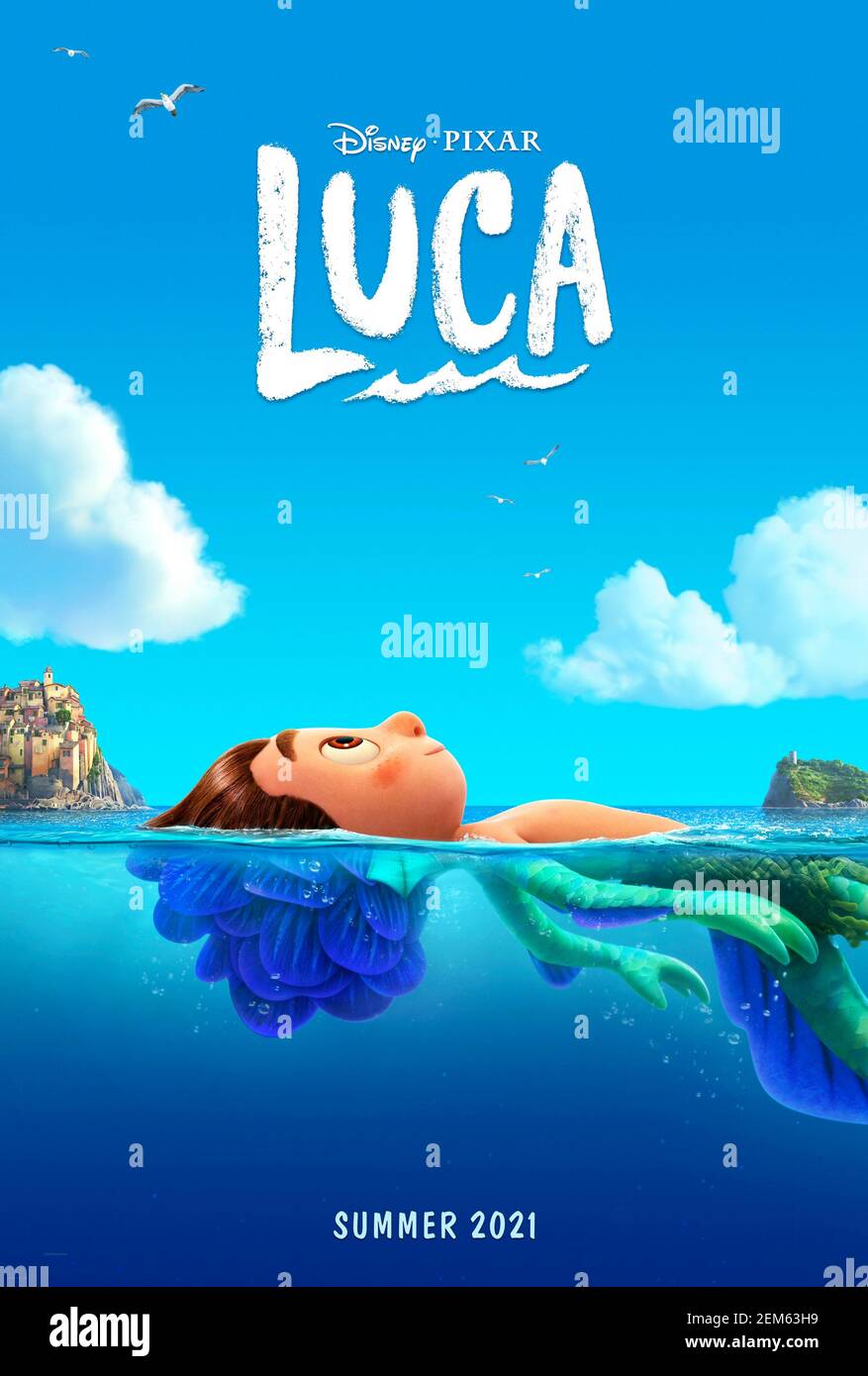 Luca (2021) directed by Enrico Casarosa. On the Italian Riviera, an unlikely but strong friendship grows between a human being and a sea monster disguised as a human. Stock Photo