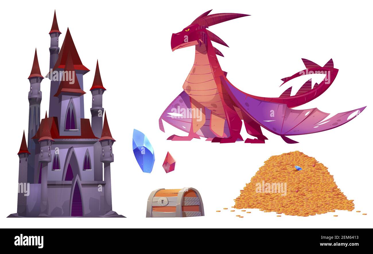 Medieval castle, dragon, pile of gold coins and treasure chest isolated on white background. Vector cartoon set of fairytale palace, magic red beast w Stock Vector
