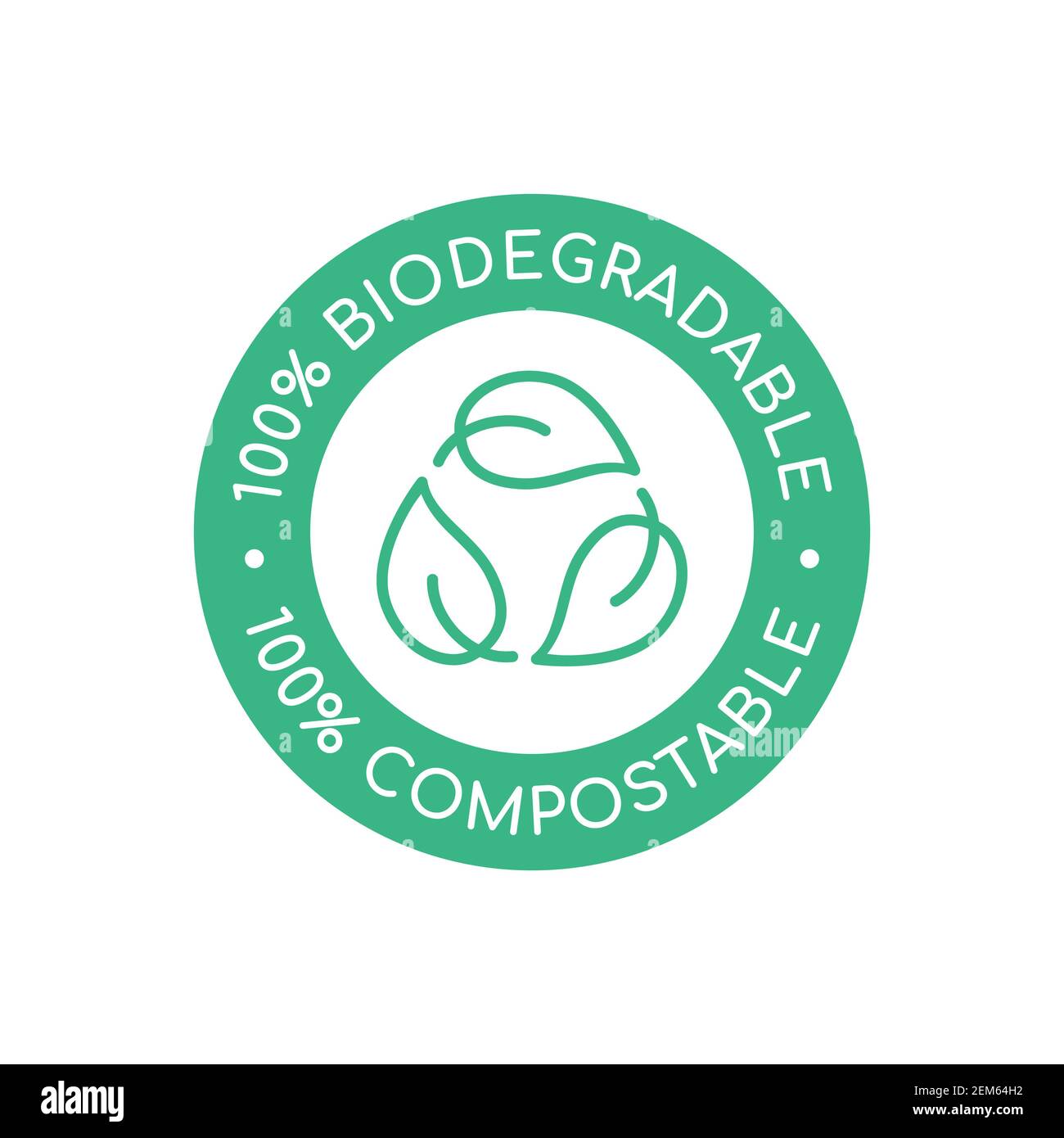 100% biodegradable 100% compostable icon, logo. Green leaves in a circle. Round biodegradable symbol. Natural recyclable packaging sign. Vector Stock Vector