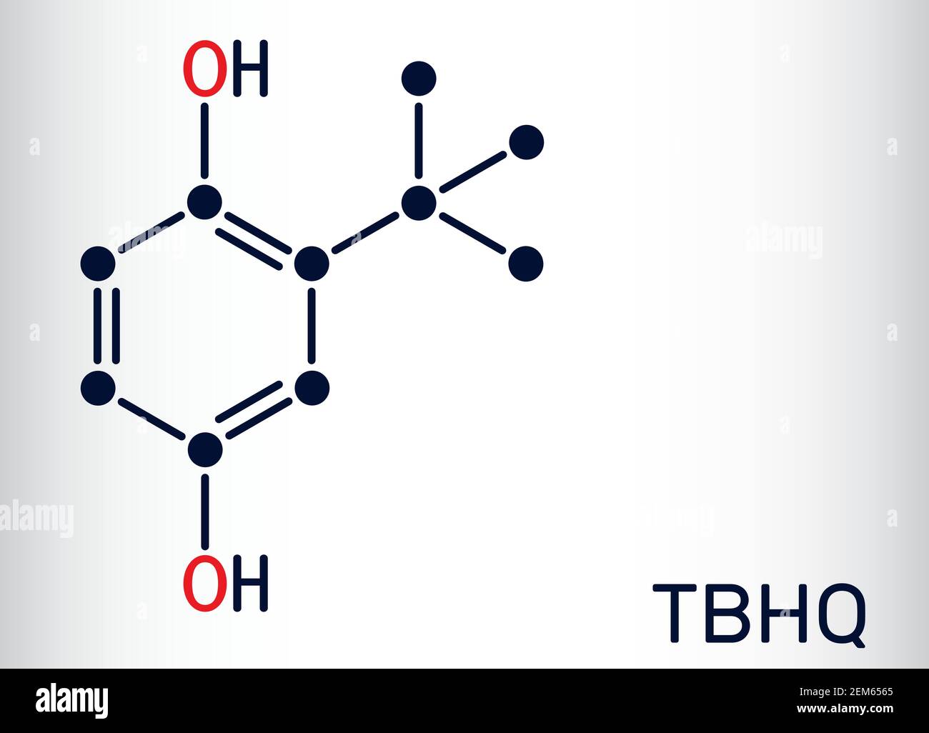 TBHQ, tert-Butylhydroquinone, tertiary butylhydroquinone molecule. It is antioxidant, food additive E319, derivative of hydroquinone. Skeletal Stock Vector