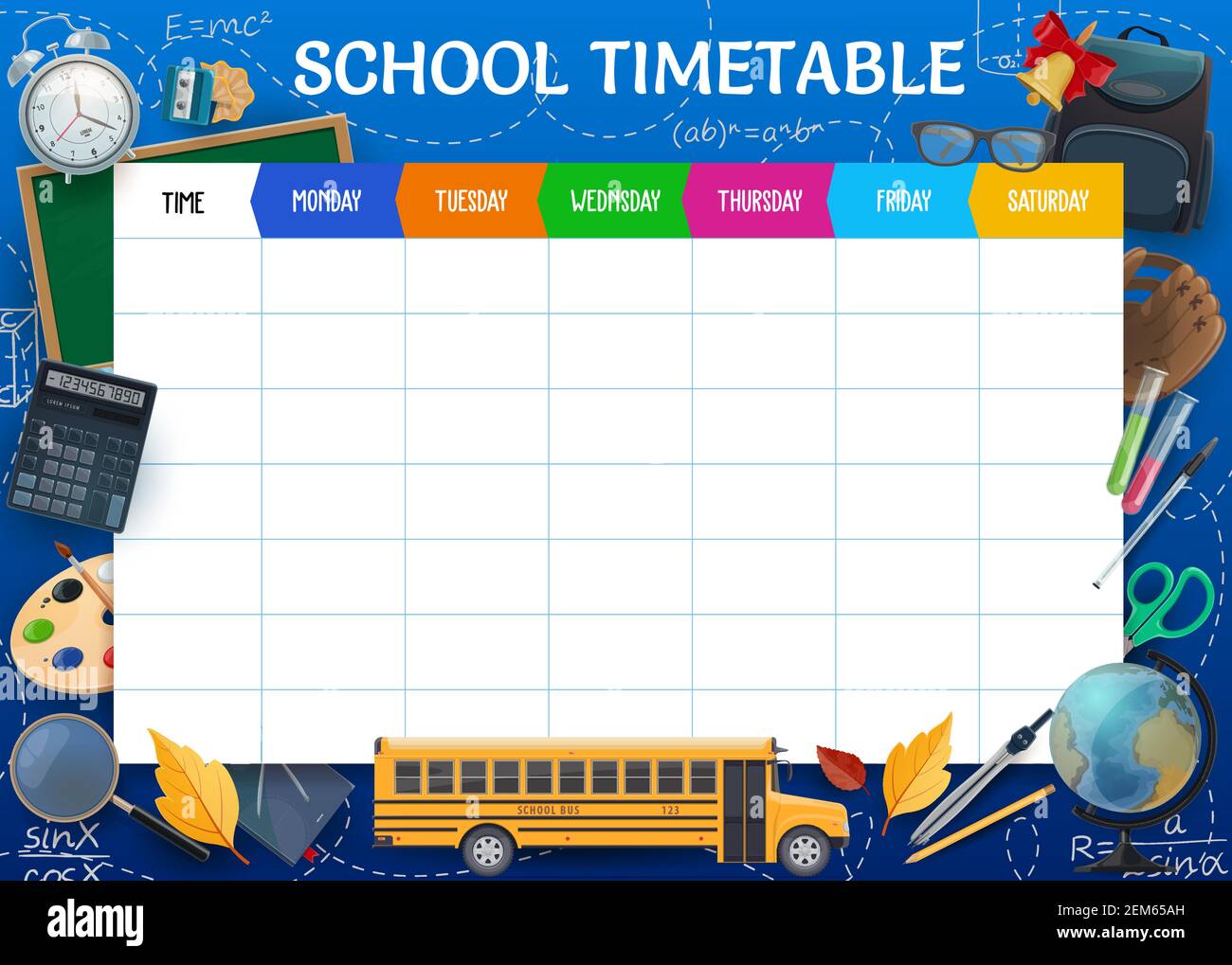 School timetable, weekly pupil education schedule vector template.  Textbooks, school bus and bell, globe, alarm clock, autumn leaves and  sketch chalkb Stock Vector Image & Art - Alamy