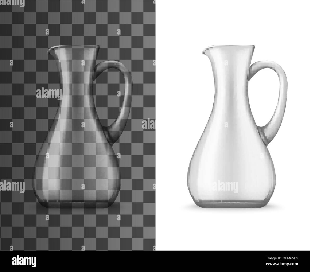Realistic glass jug with narrow neck and handle, 3d vector mockup