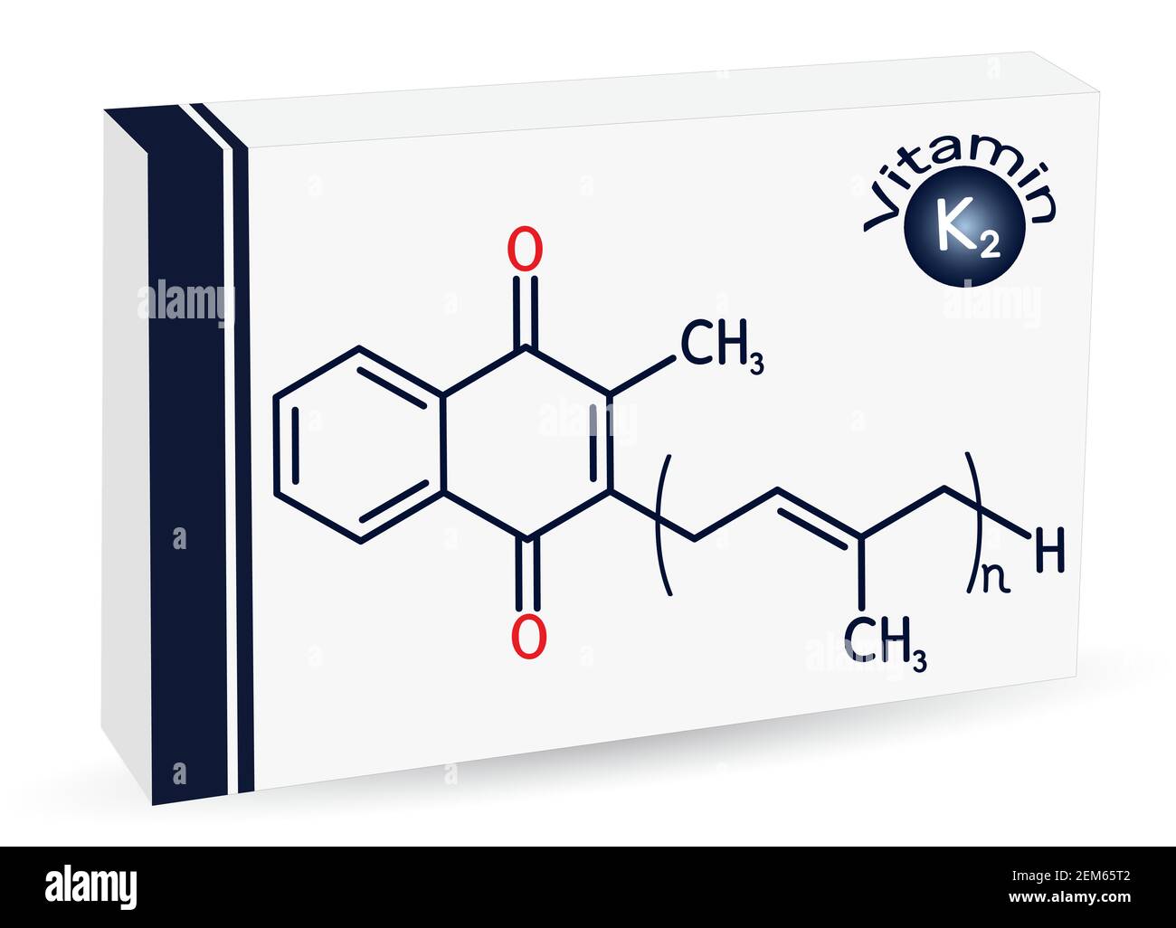 Vitamin K2, menaquinone molecule. Menatetrenone, menachinon-4, MK-4, menachinon-5, MK-5, menachinon-7, MK-7. Paper packaging Stock Vector