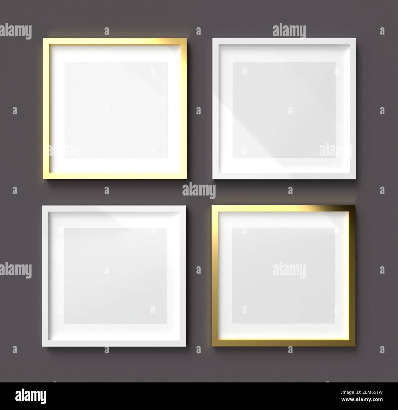 3D Render mockup of four square white plastic and gold empty frame with