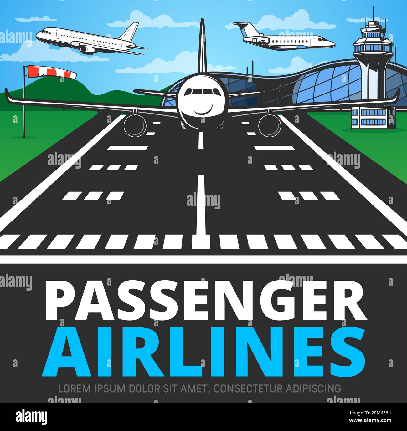 Runway with landing plane vector poster. Airplane alight or take off from airstrip in airport with terminal building, flying aircrafts and control tow Stock Vector