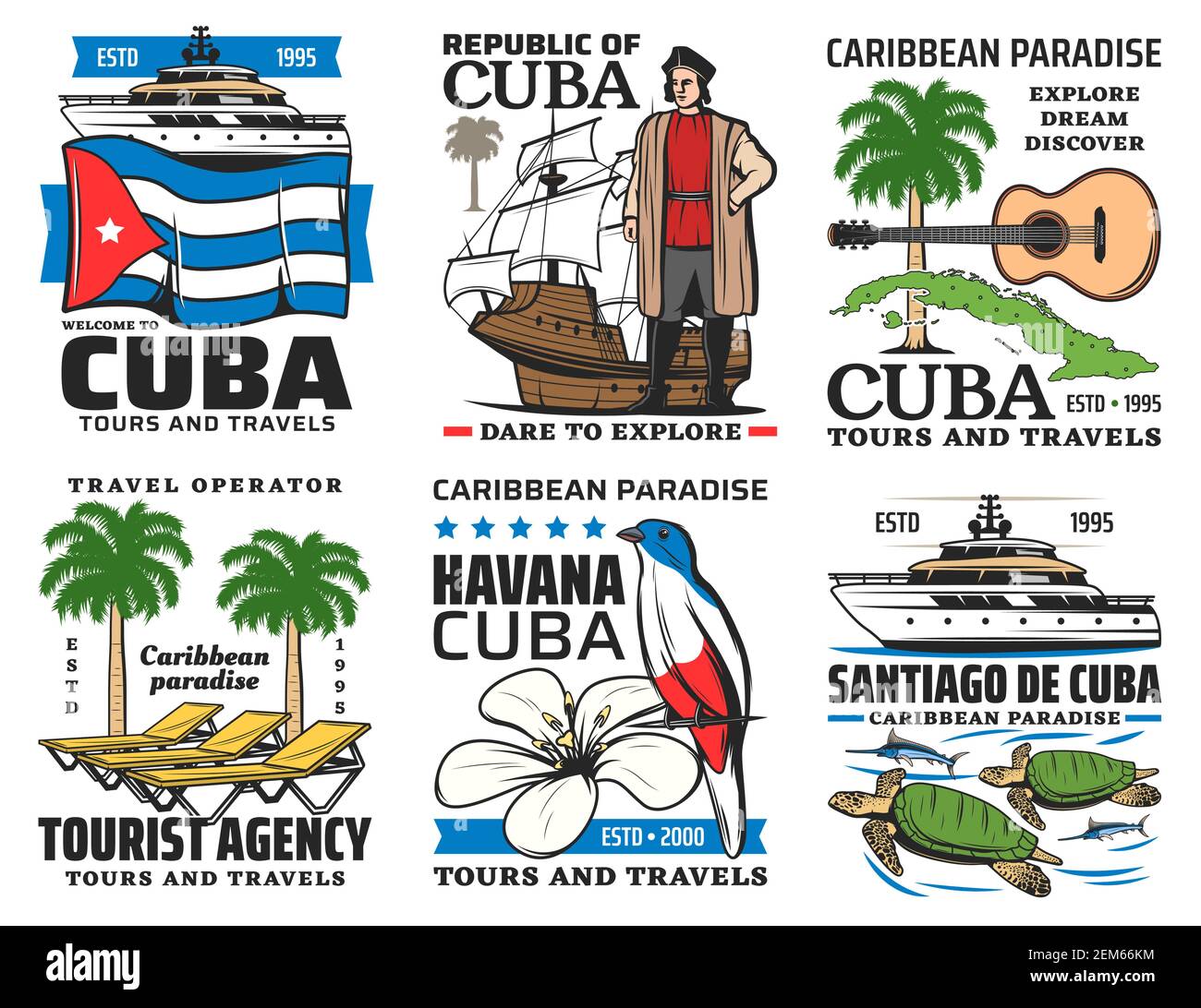 Cuba travel vector icons. Havana historic culture landmarks, Cuban sightseeing, Caribbean sea boat tours and summer beach resorts. Palm and guitar, fl Stock Vector