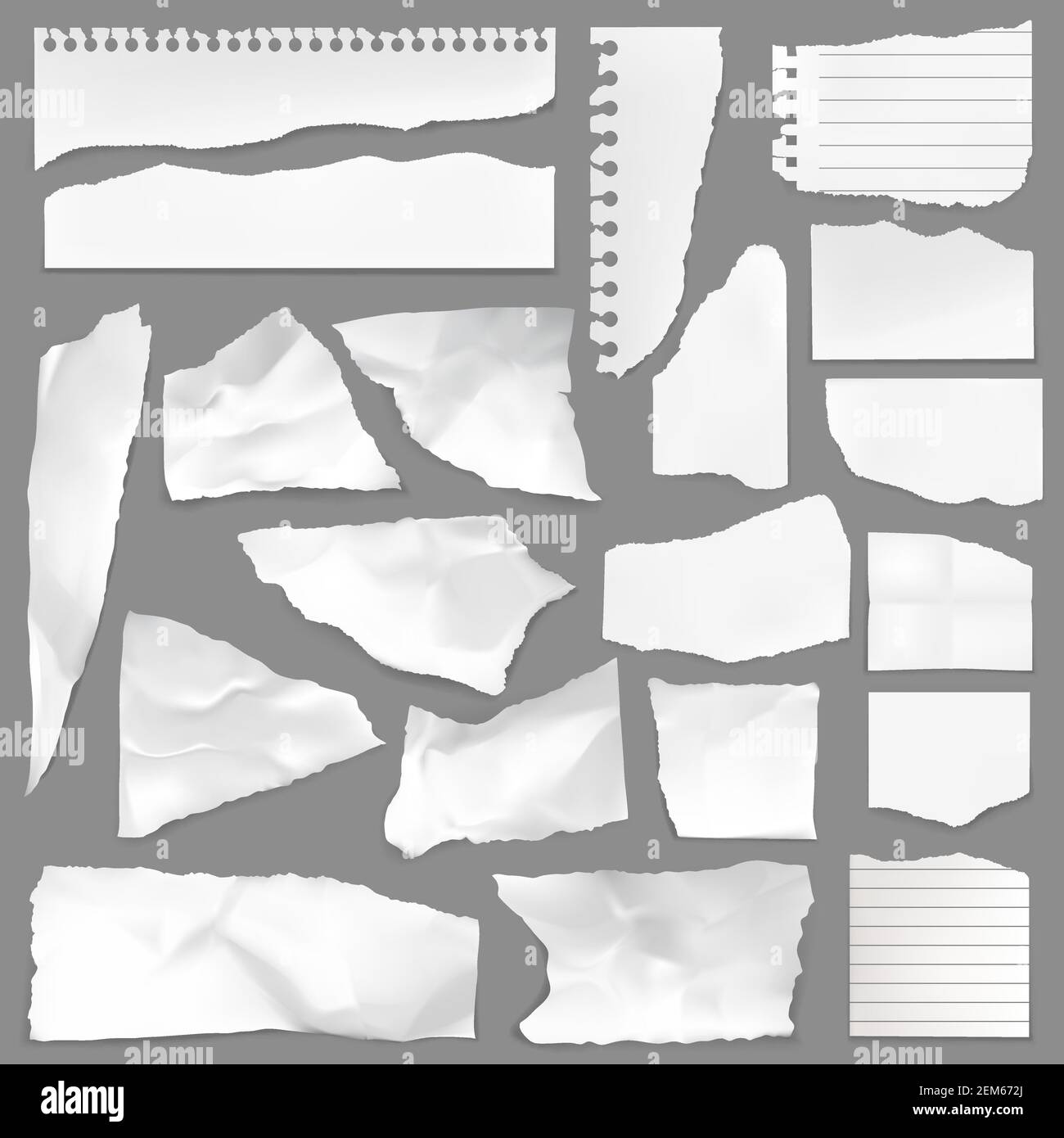 Torn note paper scraps, vector ripped blank pieces and scrapbook notes with lines. Perforated