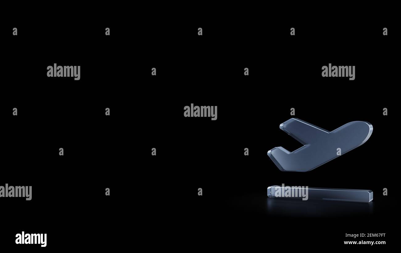 3d rendering of frosted glass symbol of plane departure on runway ...