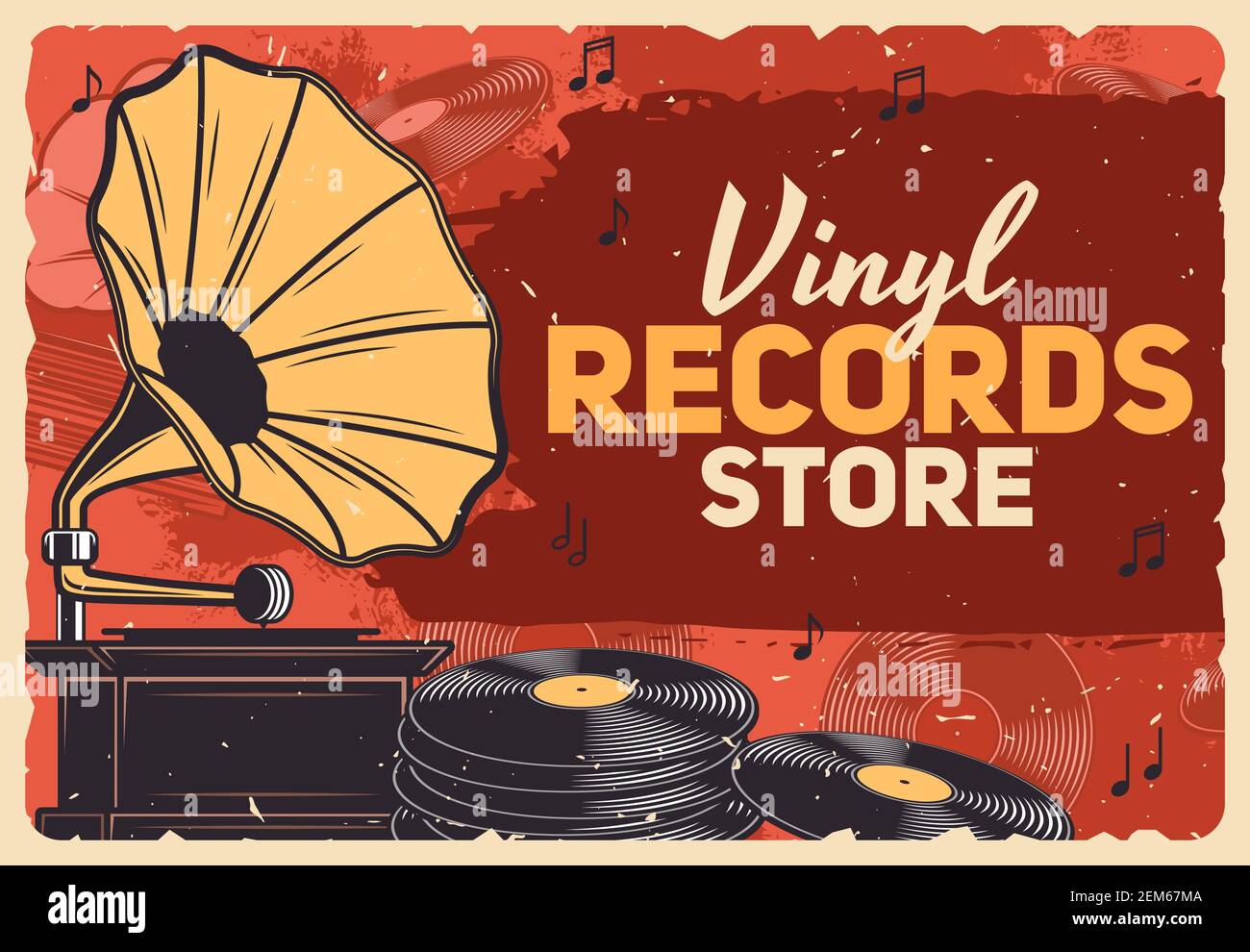 Music store, gramophone vinyl records and retro music shop vector grunge poster. Vintage vinyl record LP disks, gramophone and phonograph playing equi Stock Vector
