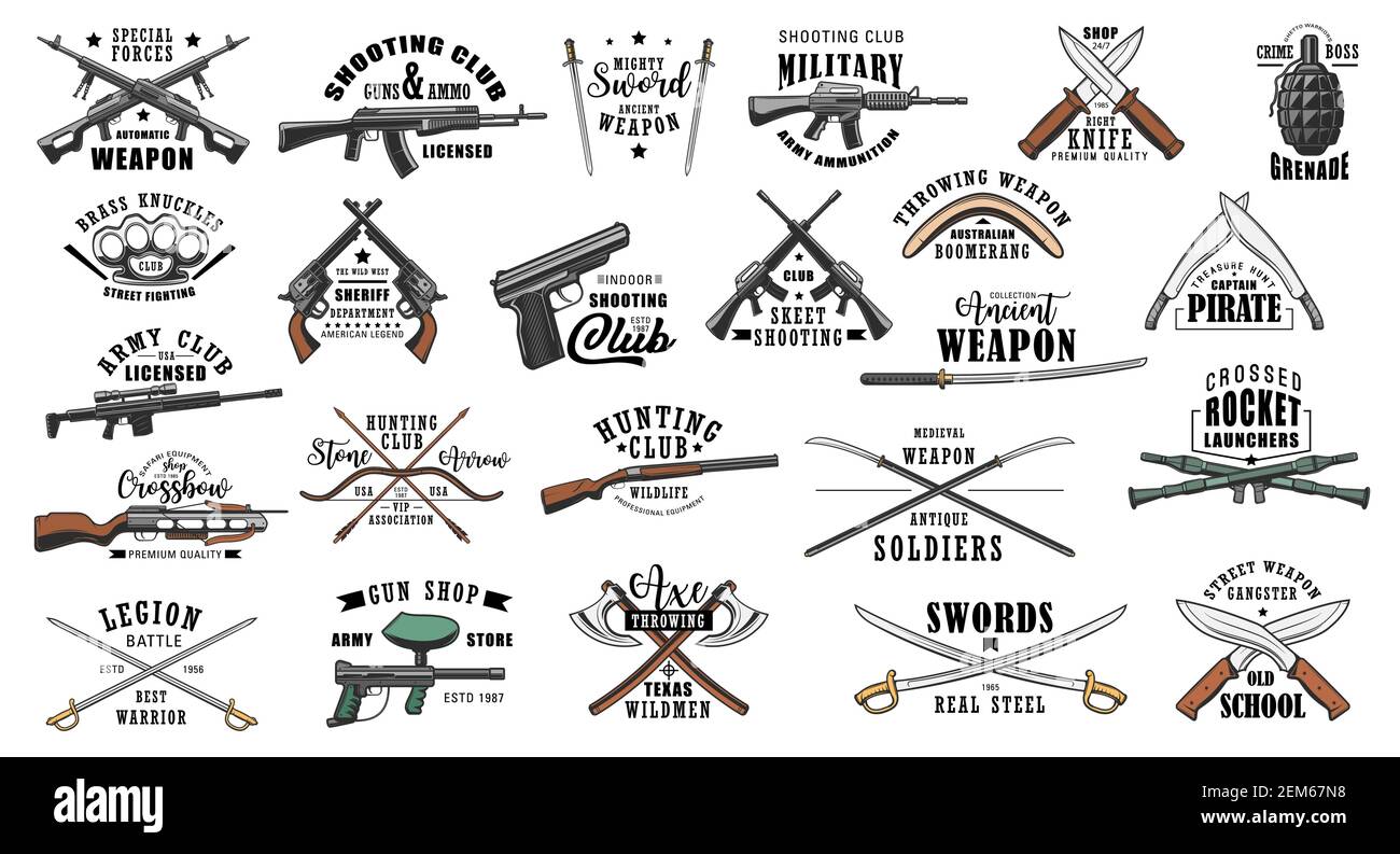 Guns and military weapon shop vector icons and symbols. Hunting