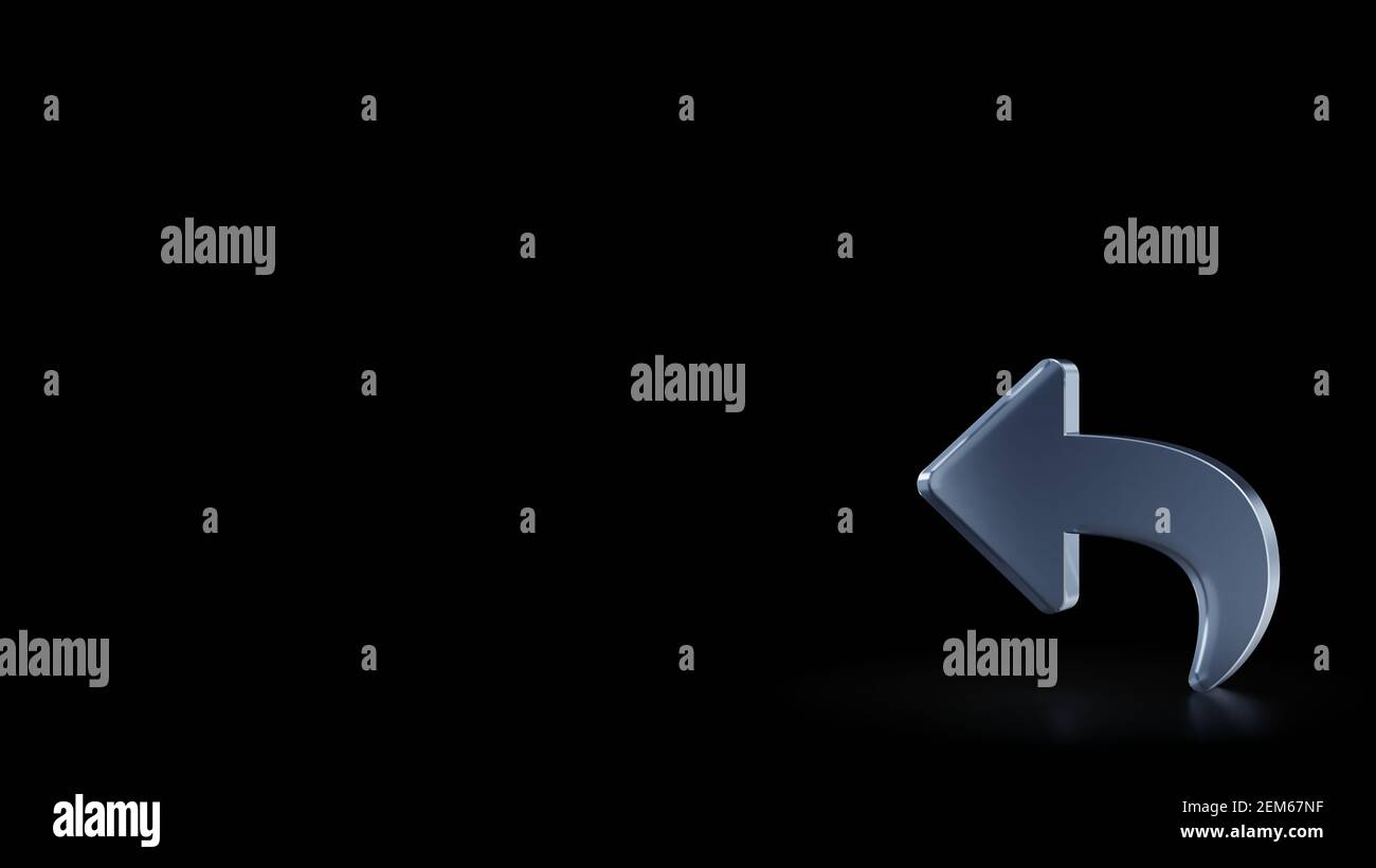 3d rendering of frosted glass symbol of reply sign isolated on black ...