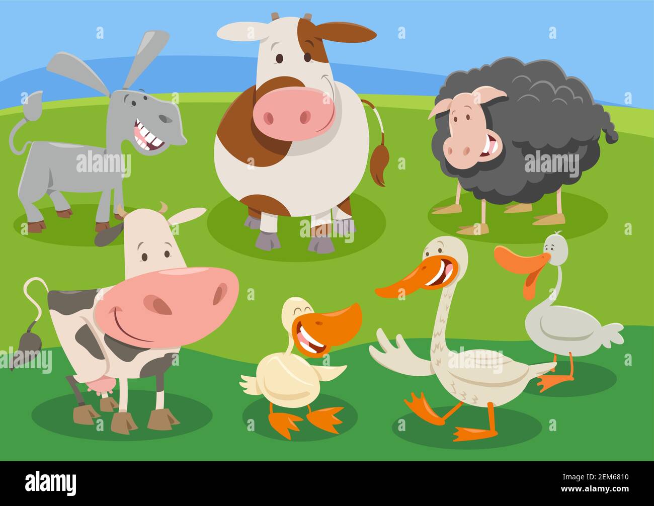 Cartoon illustration of farm animal characters group in the countryside