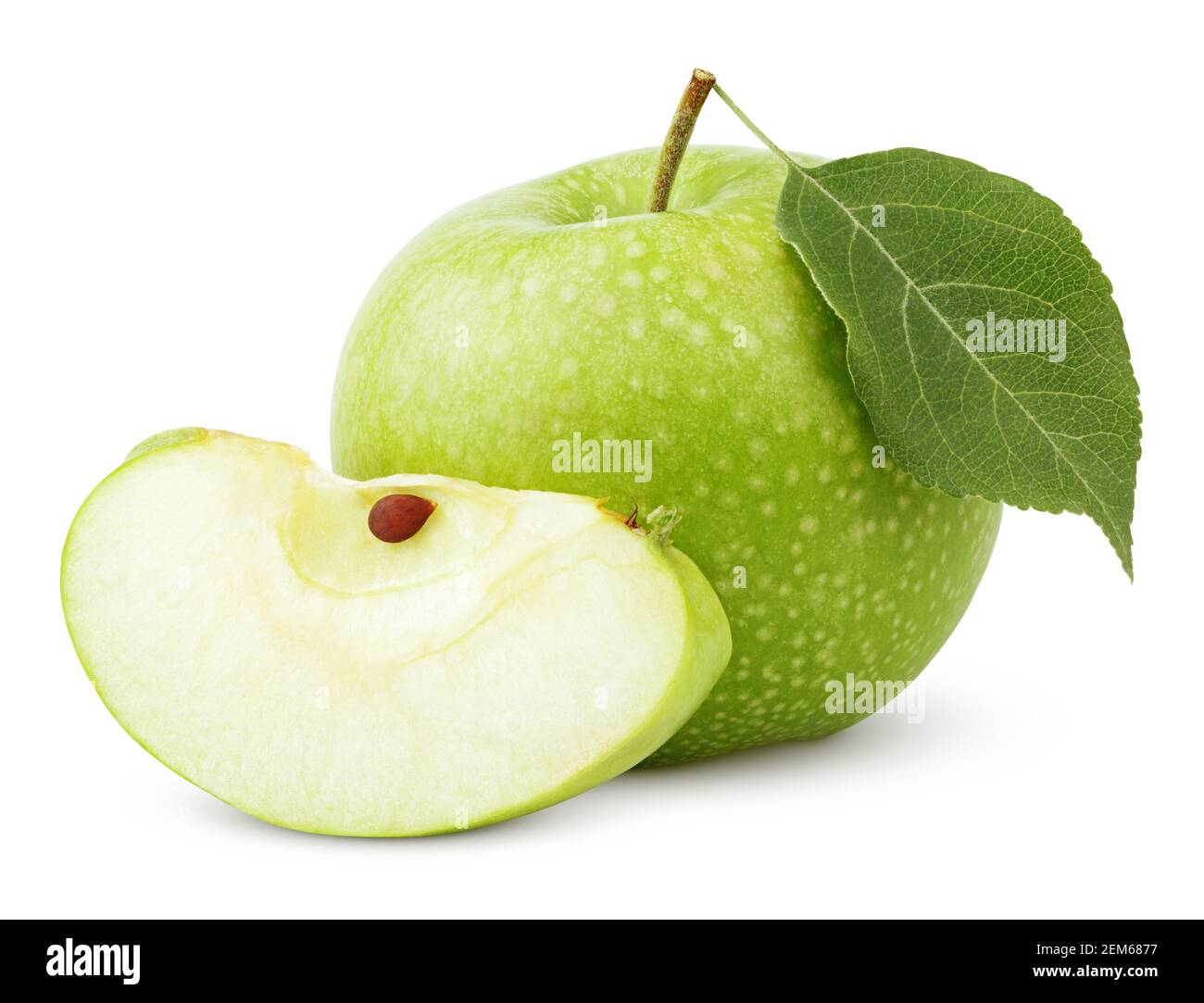 Ripe green apple with leaf and slice isolated on a white background with clipping path Stock Photo