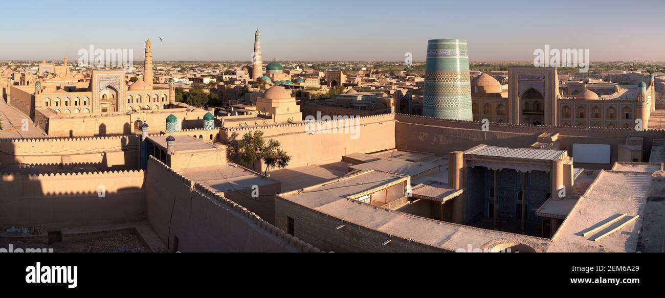 Evening view of Khiva (Chiva, Heva, Xiva, Chiwa, Khiveh) - Xorazm Province - Uzbekistan - Town on the silk road Stock Photo