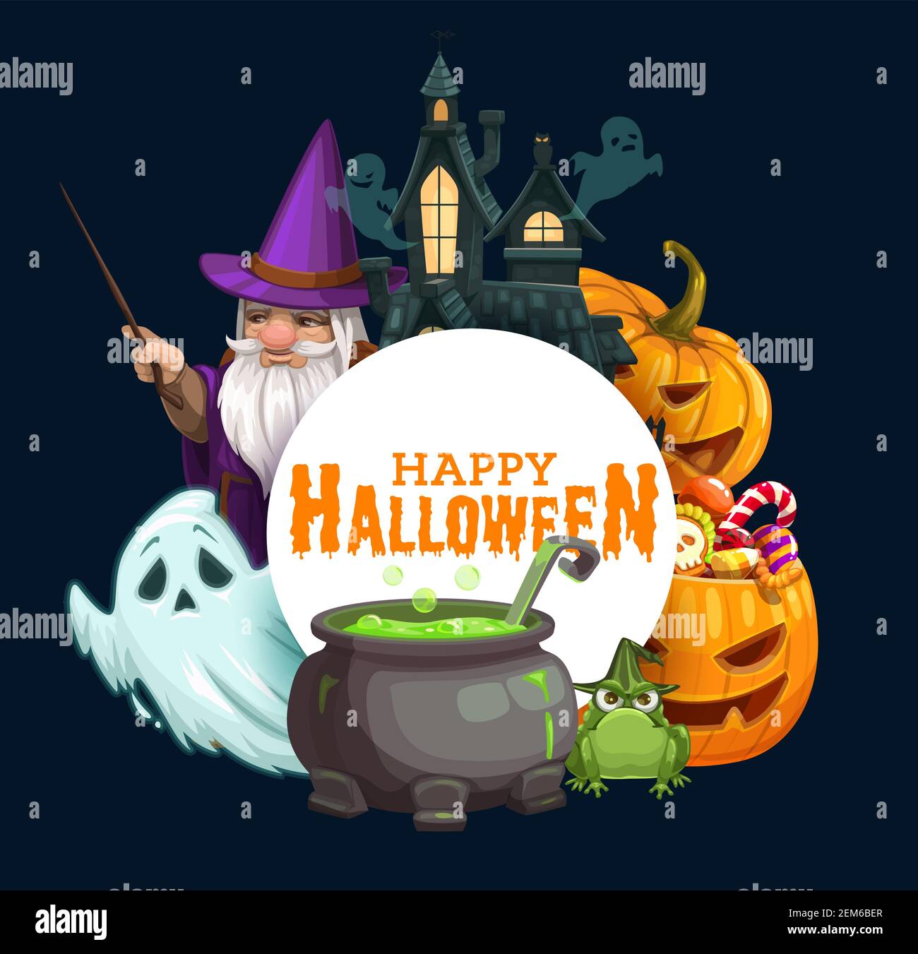 Halloween horror pumpkins with trick or treat candies, ghosts and haunted  house vector greeting card. Evil wizard with magic wand, witch potion  cauldr Stock Vector Image & Art - Alamy