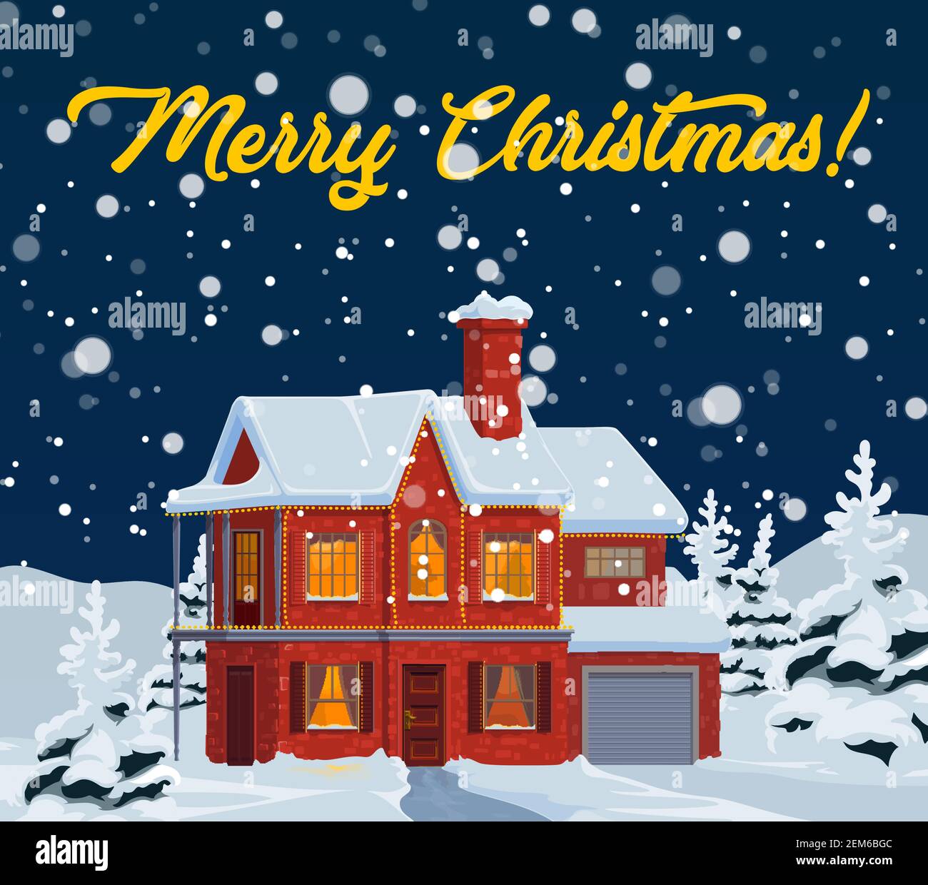 Christmas house with falling snow vector greeting card of New Year ...