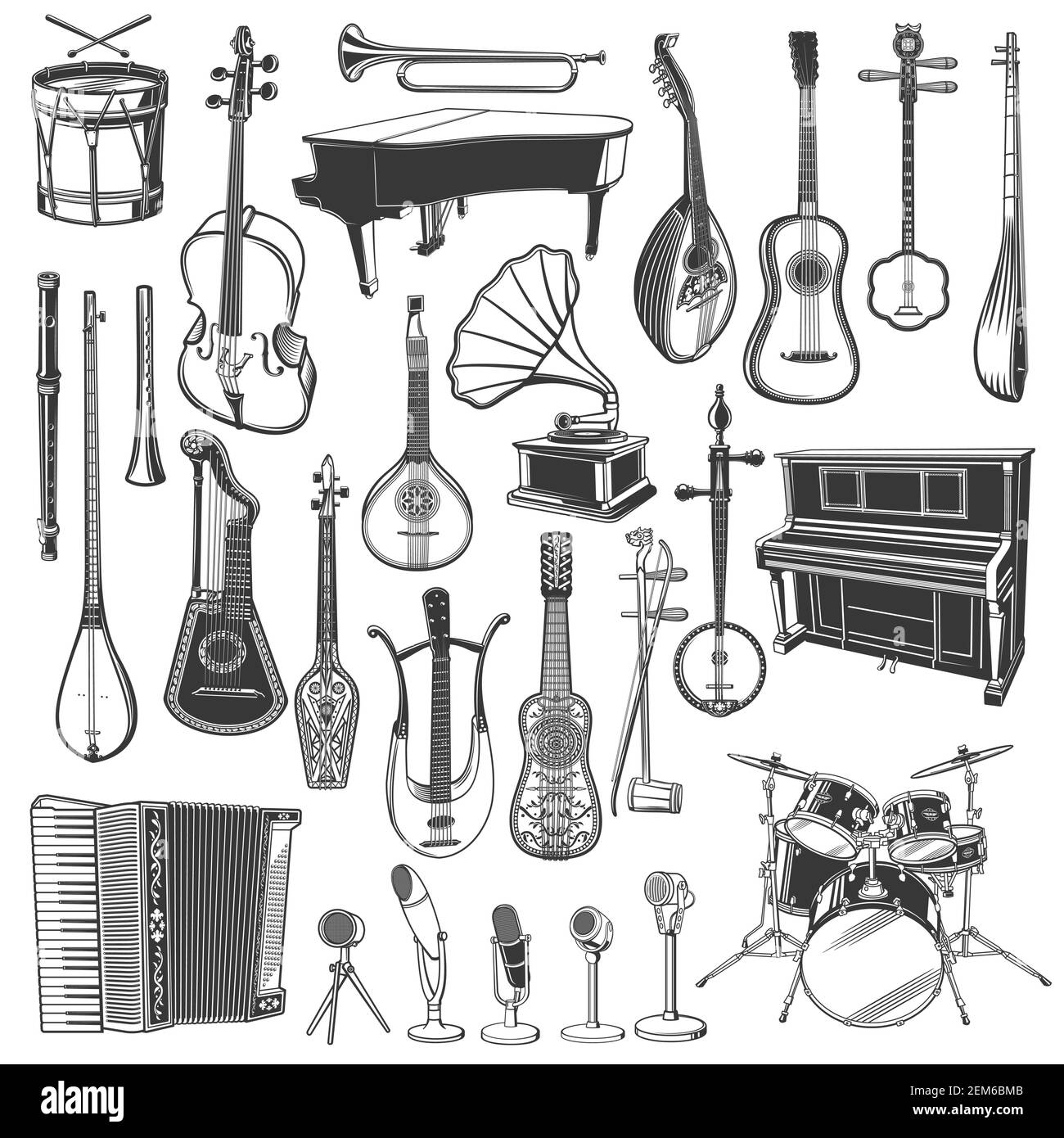 Musical instrument, microphone and gramophone sketches of ethnic and classical music. Vector piano, drums and guitar, trumpet, bass and mandolin, flut Stock Vector