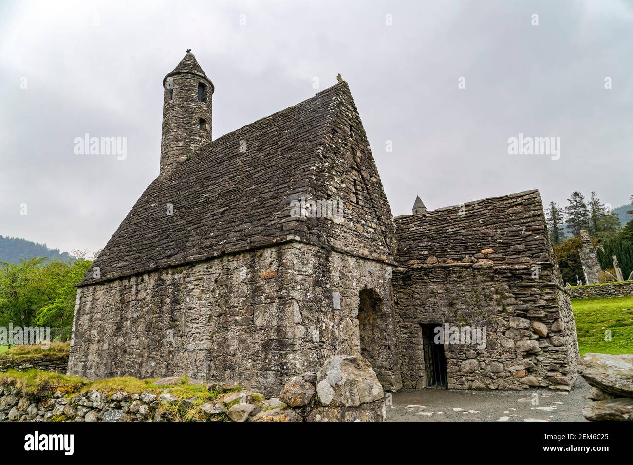 Glendalough, Ireland. 7th May, 2016. Glendalough Monastic Site include a round tower, seven churches, a gateway into the settlement with a Sanctuary Stock Photo