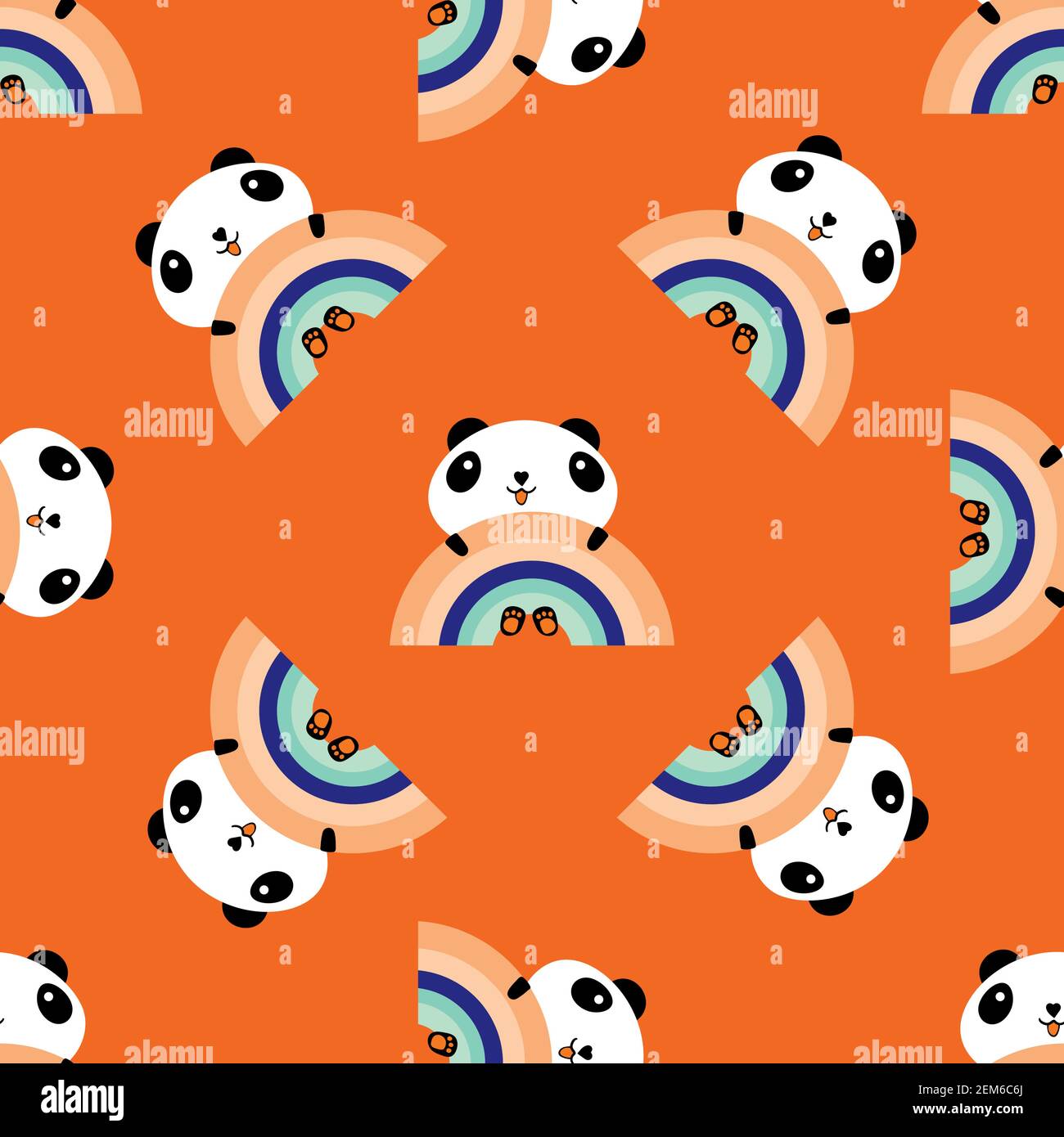 Kawaii panda rainbow seamless vector pattern background. Cute black and white sitting cartoon bears holding on to rainbows on orange backdrop Stock Vector
