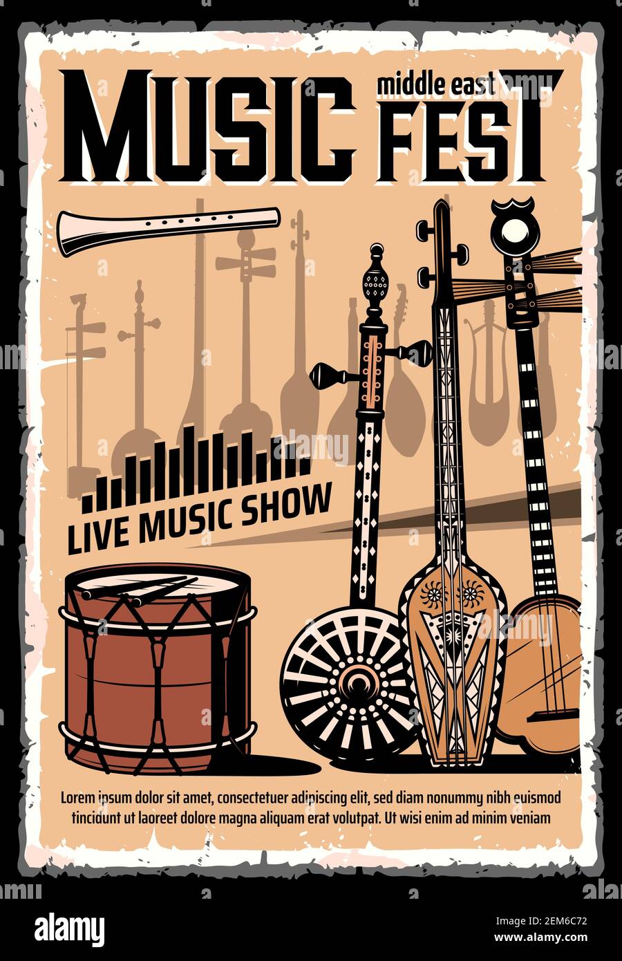 Festival of Middle East music vector poster with folk musical instruments. Lyre guitar, drum with drumsticks and shamisen, pipe, mandolin, saz, tar, e Stock Vector