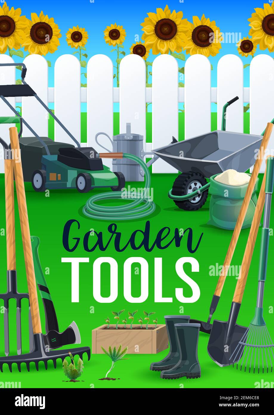 Garden tools, farming and agriculture equipment, vector poster