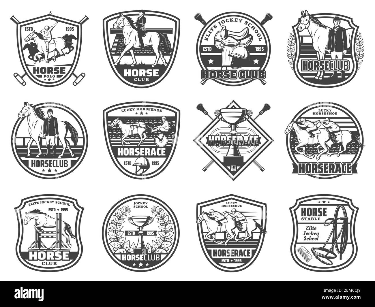 Equestrian sport, horse races and polo club, vector badges and emblems. Equine racing and jockey rider equipment, harness and saddle, whip and champio Stock Vector