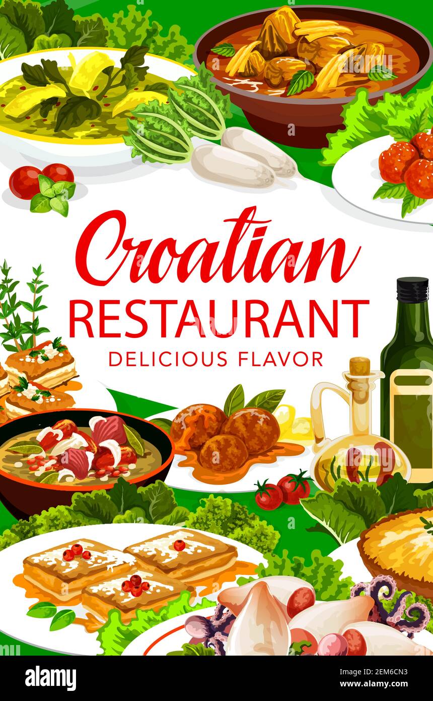 Croatian cuisine restaurant menu cover, traditional authentic food ...