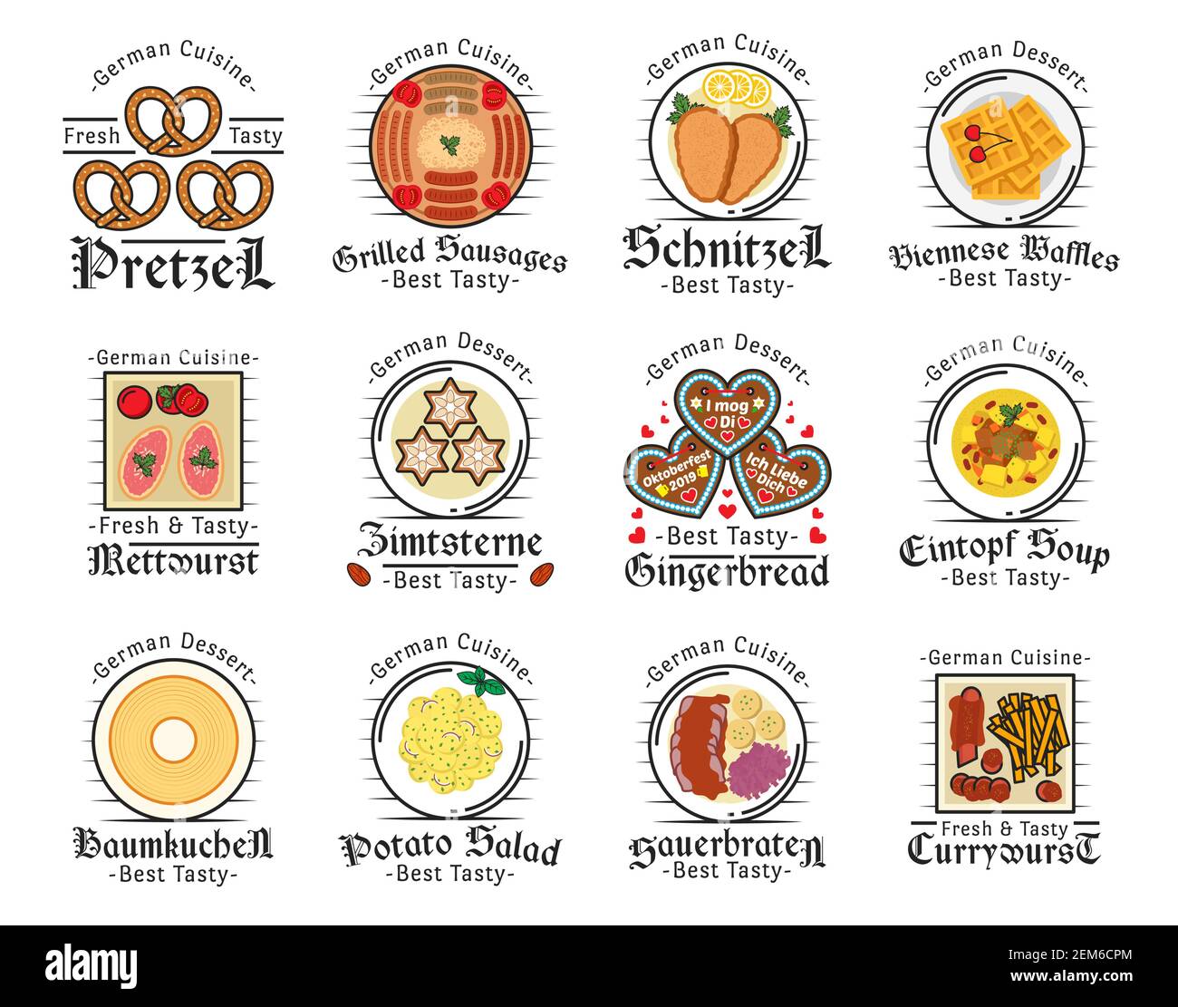 German cuisine vector icons of meat dishes with vegetables and desserts. Mettwurst sausages, pretzel and currywurst, schnitzel, eintopf and sauerbrate Stock Vector