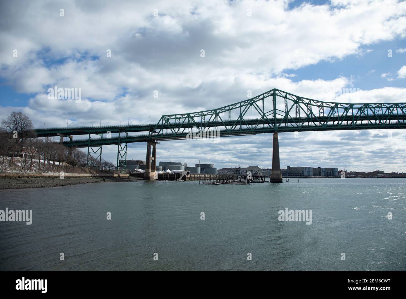 Wide angle view of the Tobin Bridge spanning the Mystic River Boston MA USA Stock Photo