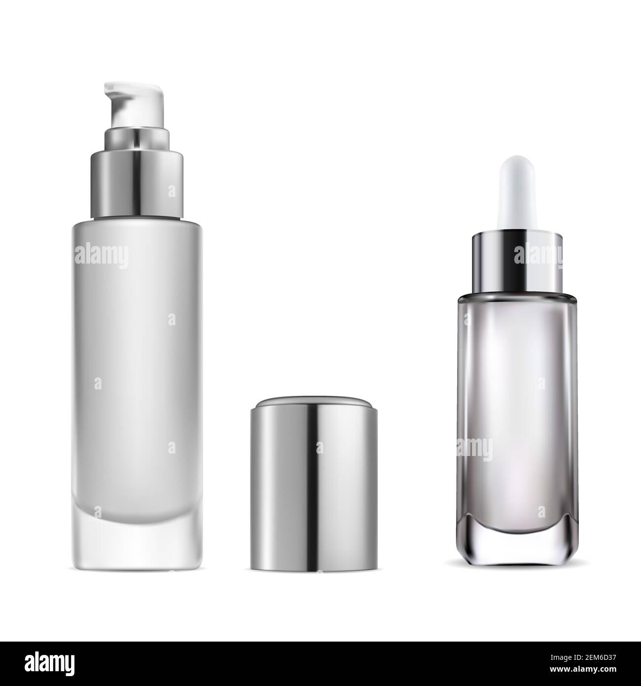 Cosmetic serum dropper bottle. Essential water pump bottle. Clear glass skincare flask with eyedropper. Collagen product dropper flacon illustration. Stock Vector