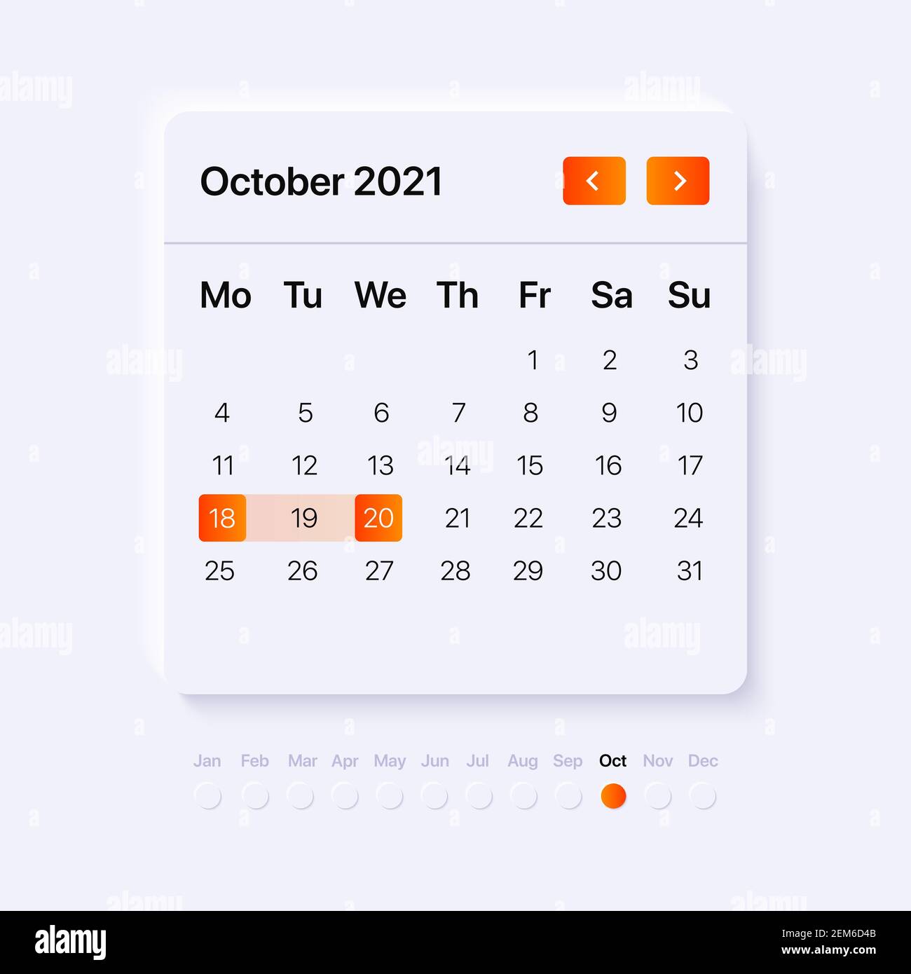 2021 October Calendar. Neumorphism UI Concept for mobile and web application. Material Design. Human Interface Guidelines. Vector illustration Stock Vector
