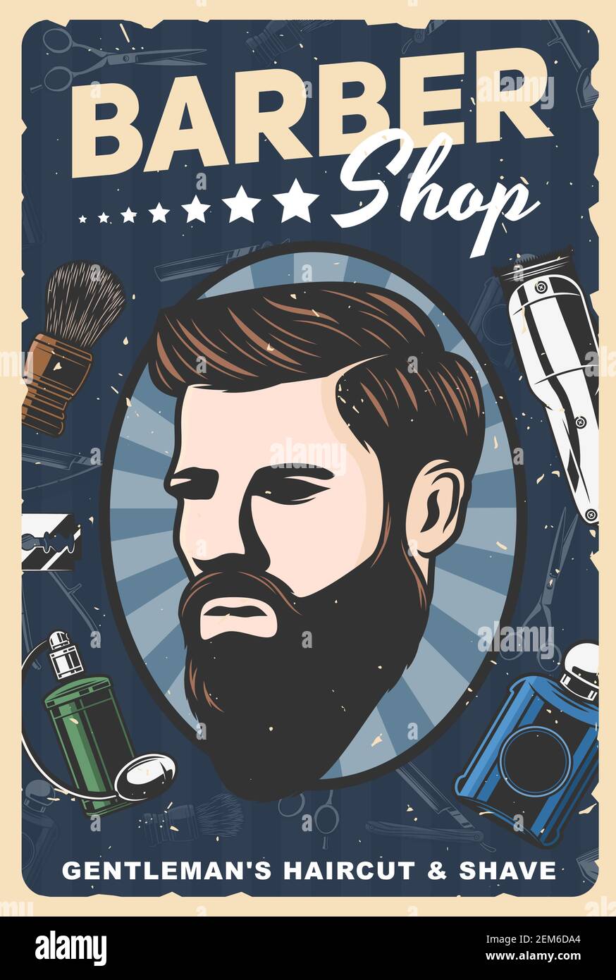 Barbershop retro poster of man with beard and mustaches barber shop