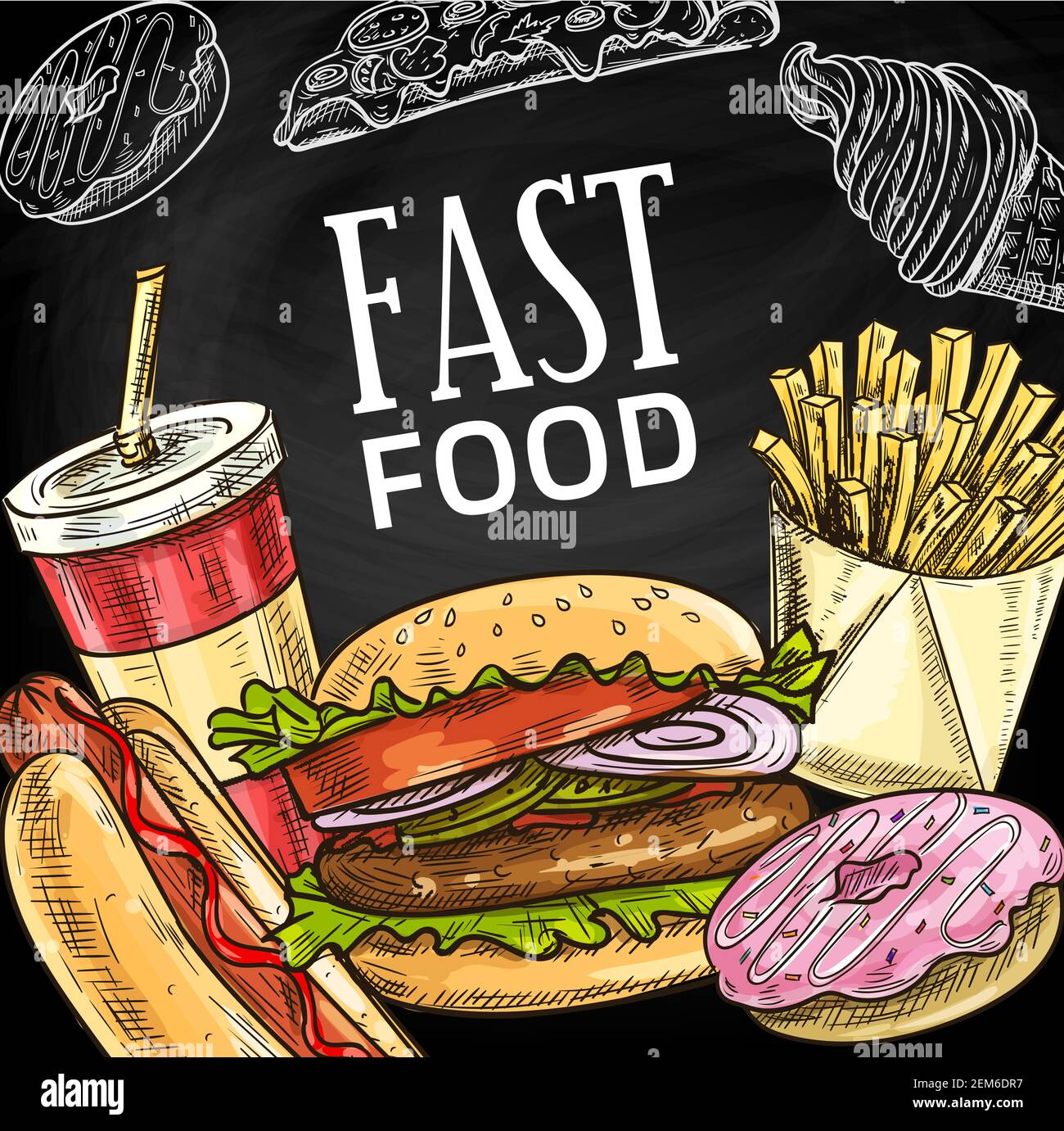 Fast food chalk sketch poster, fastfood bistro burger, sandwich snacks