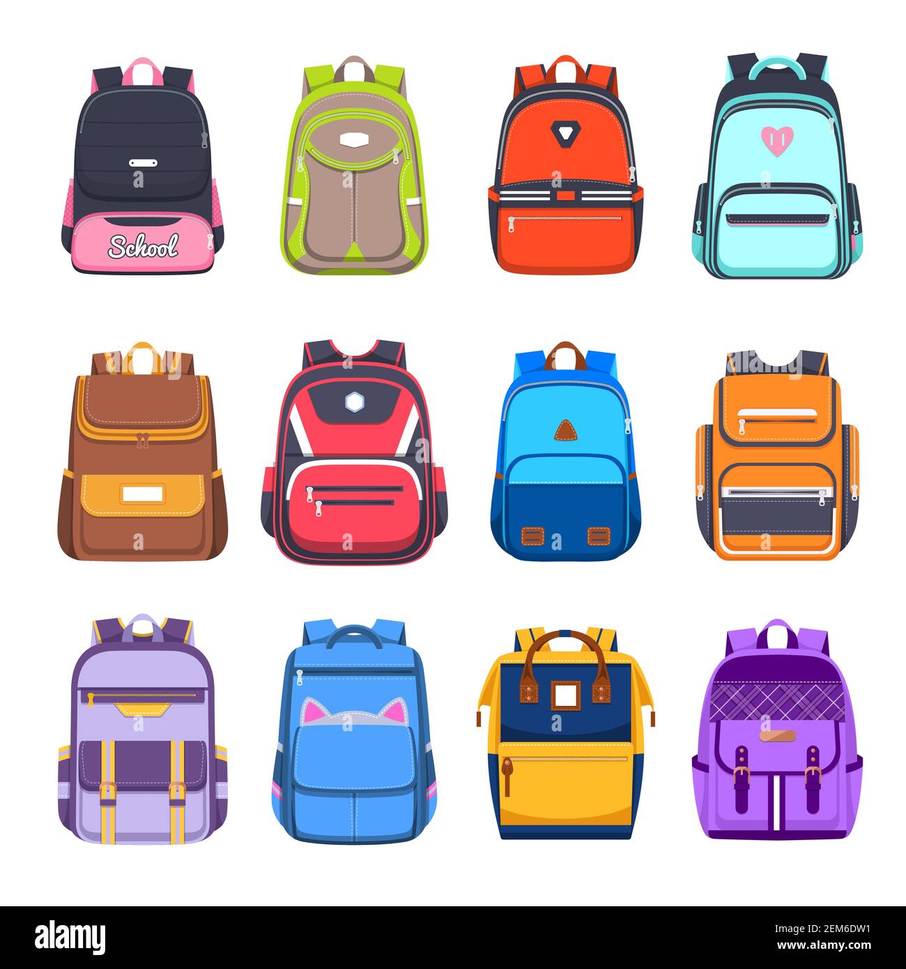 School bags and backpacks, handbags and rucksacks vector flat icons