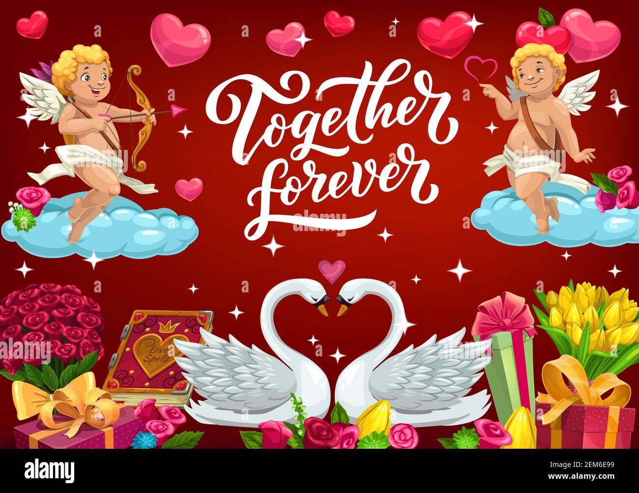 Valentines day card, together forever couple of swans and cupids. Vector book of love spells, roses and tulips flower bouquets, gifts wrapped present Stock Vector