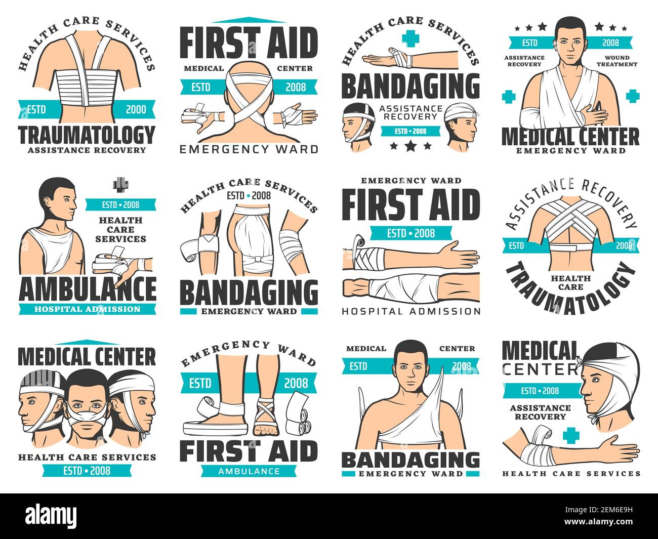 First aid and wound bandaging vector icons. Accident injury emergency ward and trauma ambulance service. Traumatology first aid medical center, arm an Stock Vector