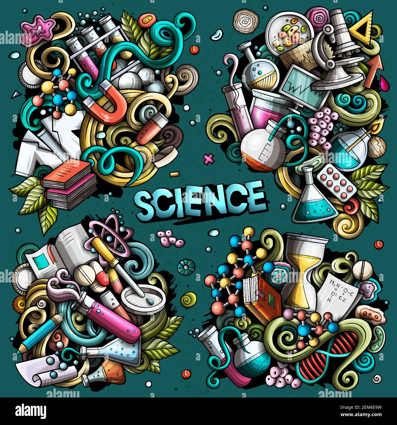 Science cartoon vector doodle designs set. Colorful detailed