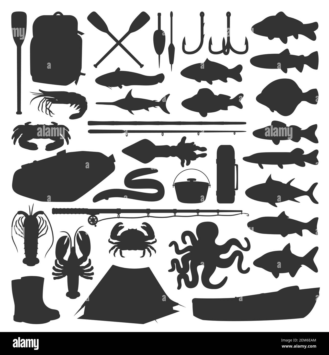 Fishing vector icons of fisherman equipment lures and fishes. Fishing rod, inflatable boat and camping tent, tackles and hooks for river carp and lake Stock Vector
